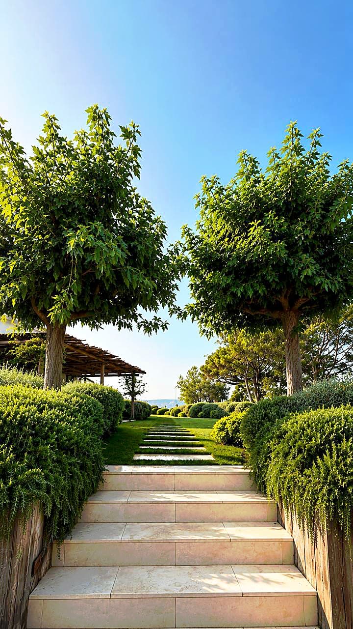 Escalier de pierre bordé de massifs taillés, sous deux arbres têtards, avec la mer au fond